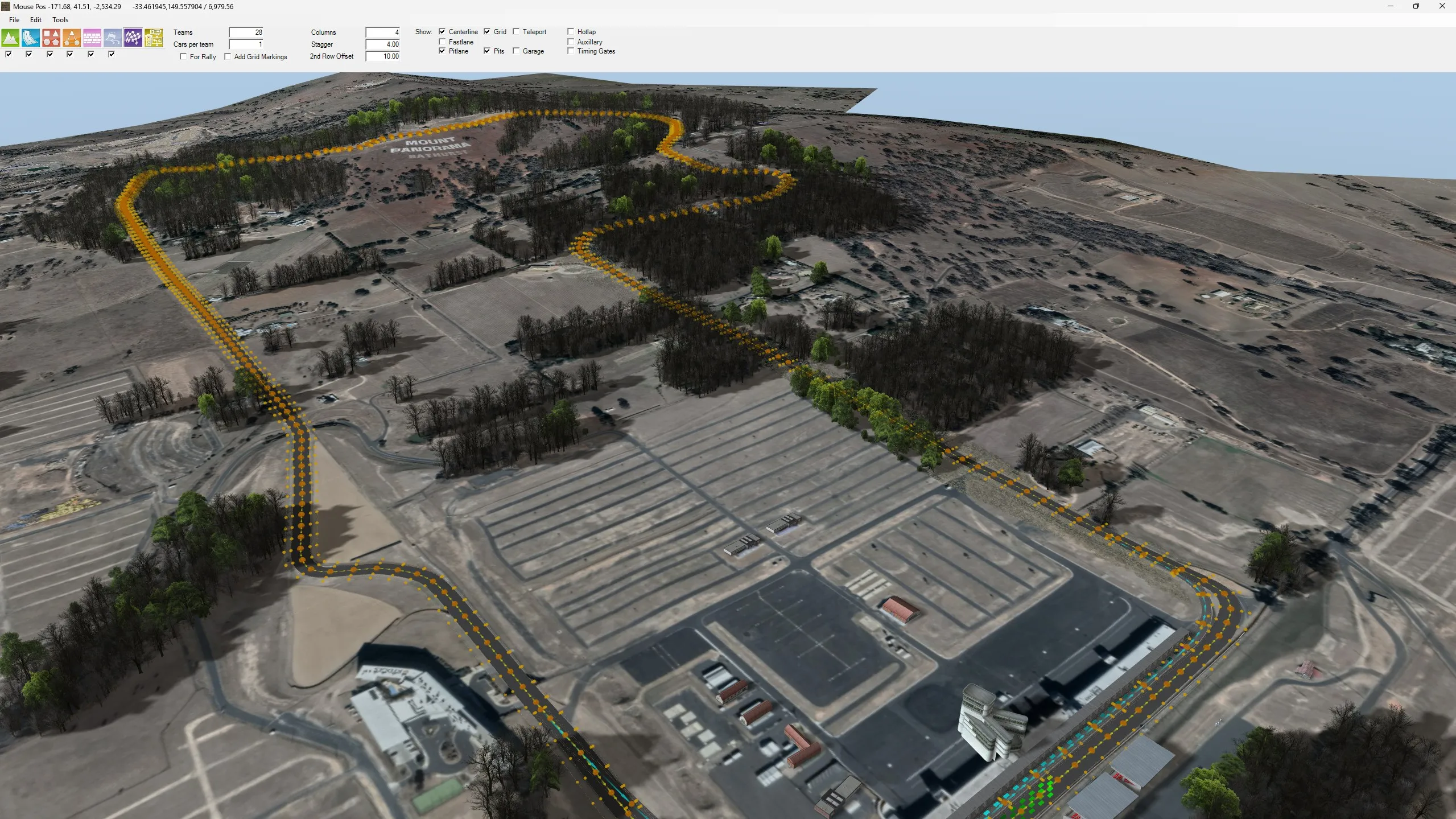 Mount Panorama circuit laid out over Google Maps imagery and height data