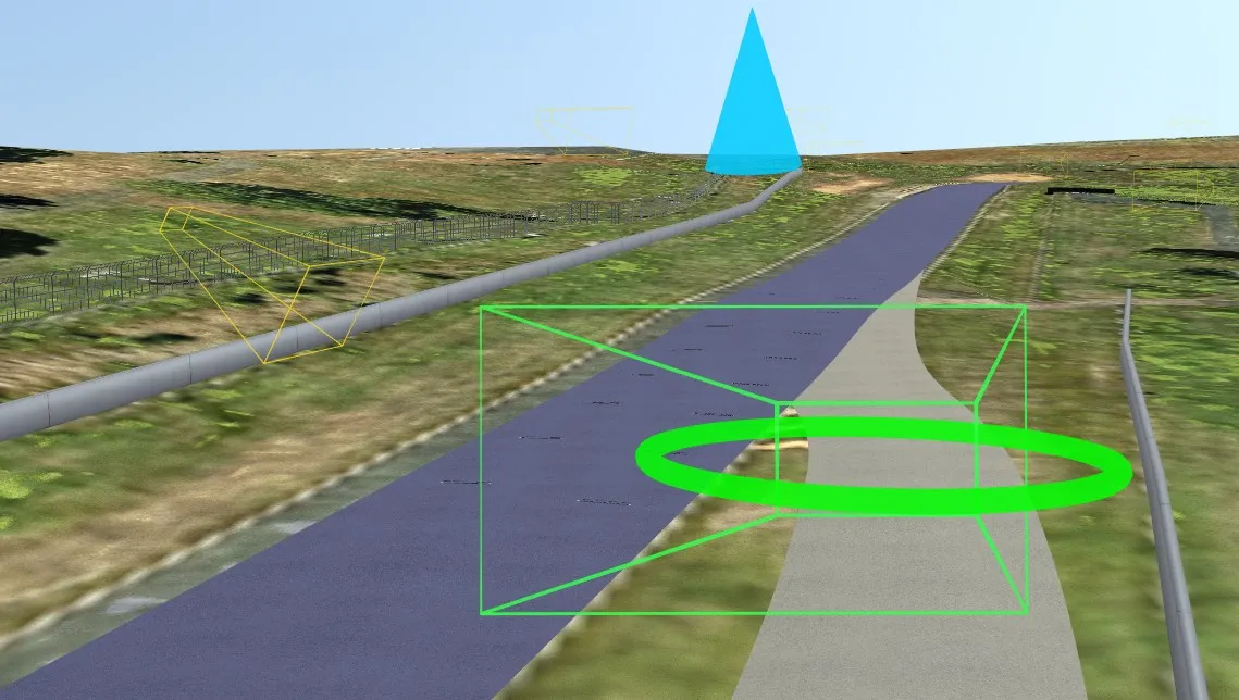 A selected camera shown as a green view frustum with its editing handles, and other cameras outlined in yellow