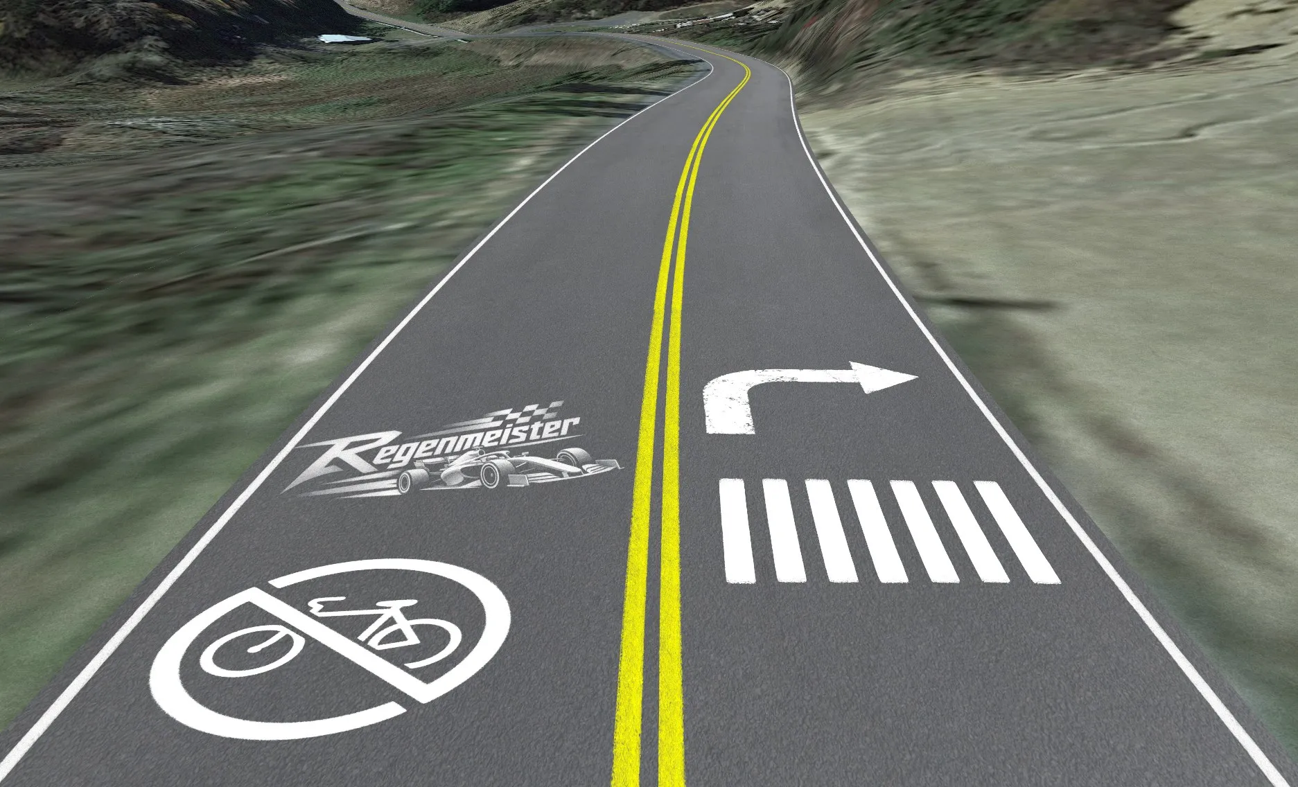 A turn arrow, pedestrian crossing, no-cycling symbol and sponsor logo painted as decals on a mountain road