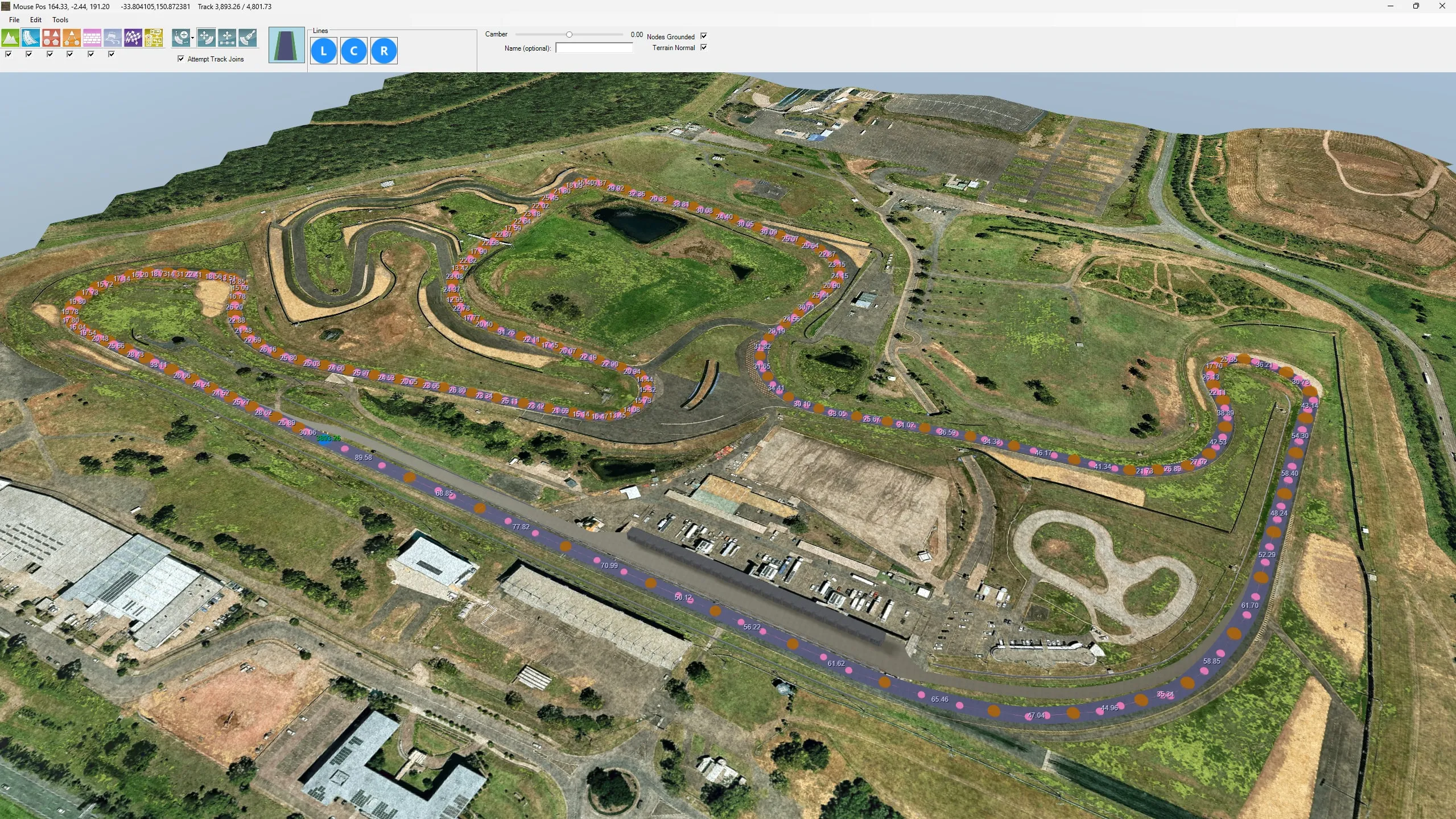 A line laid node by node around Eastern Creek, with the distance between each node shown