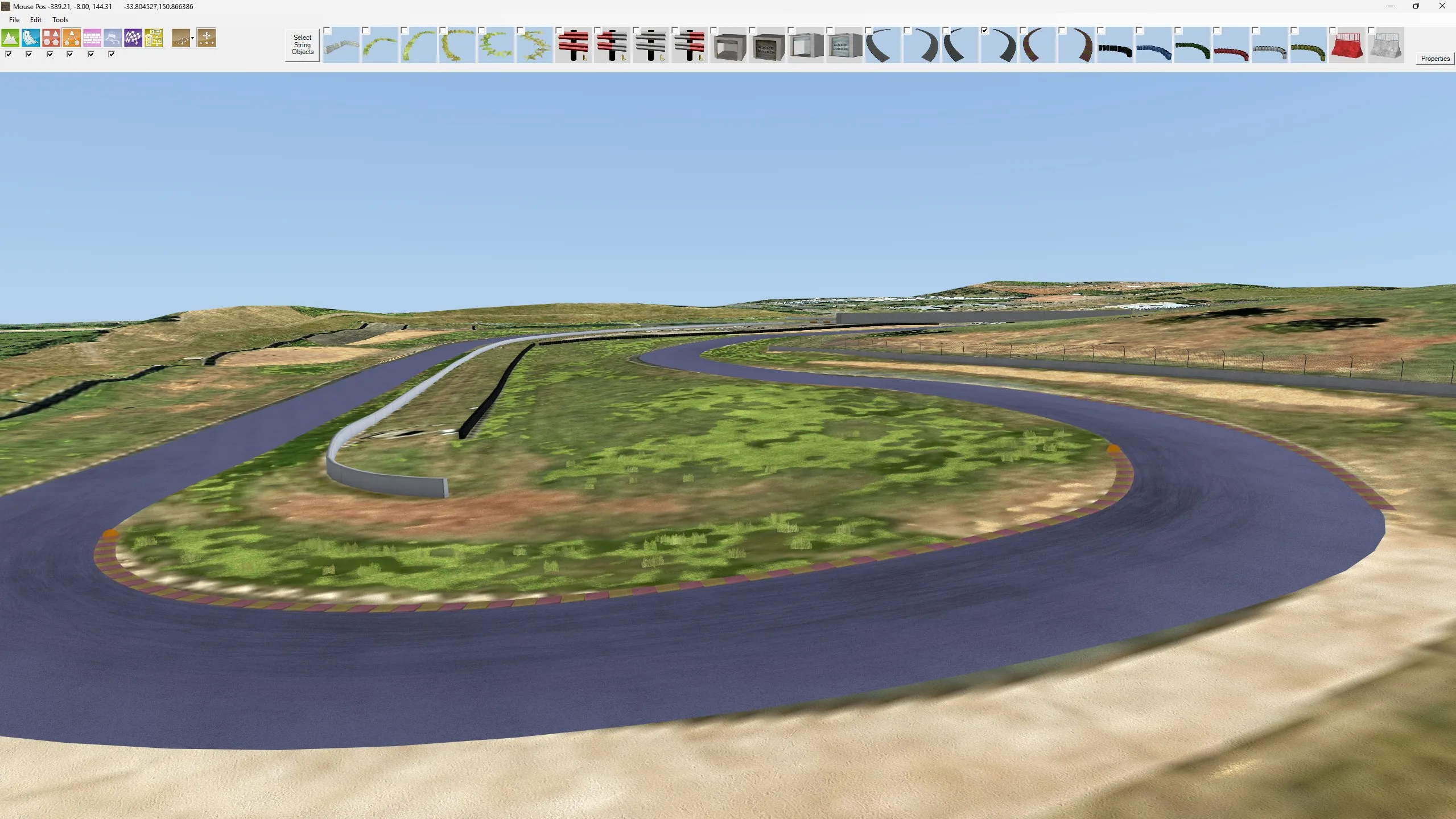 A corner at Eastern Creek recreated on Google Maps terrain, with kerbs and barriers