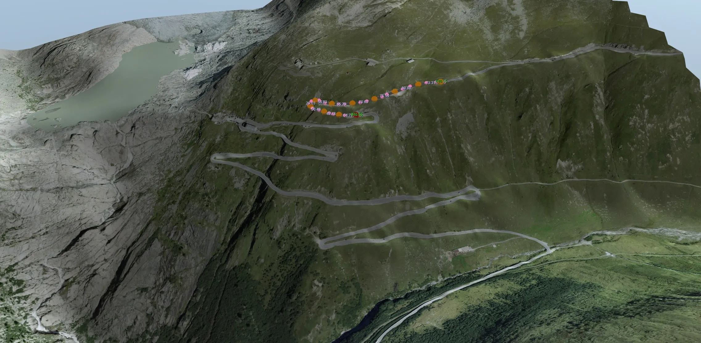 Switchbacks climbing the Grimsel Pass, recreated from Google Maps data