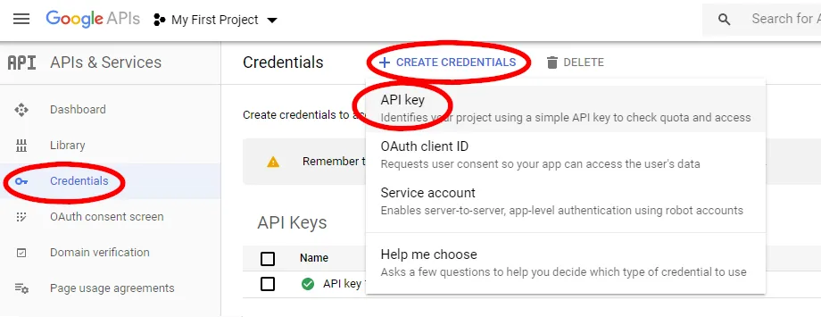 Creating API key credentials in the Google console