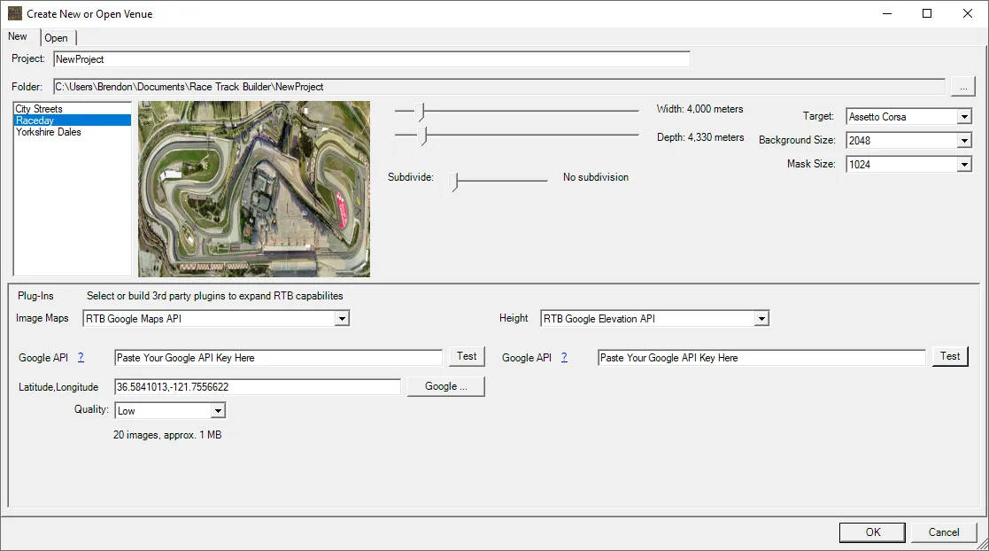 Entering the Google API key in Race Track Builder's new project dialog