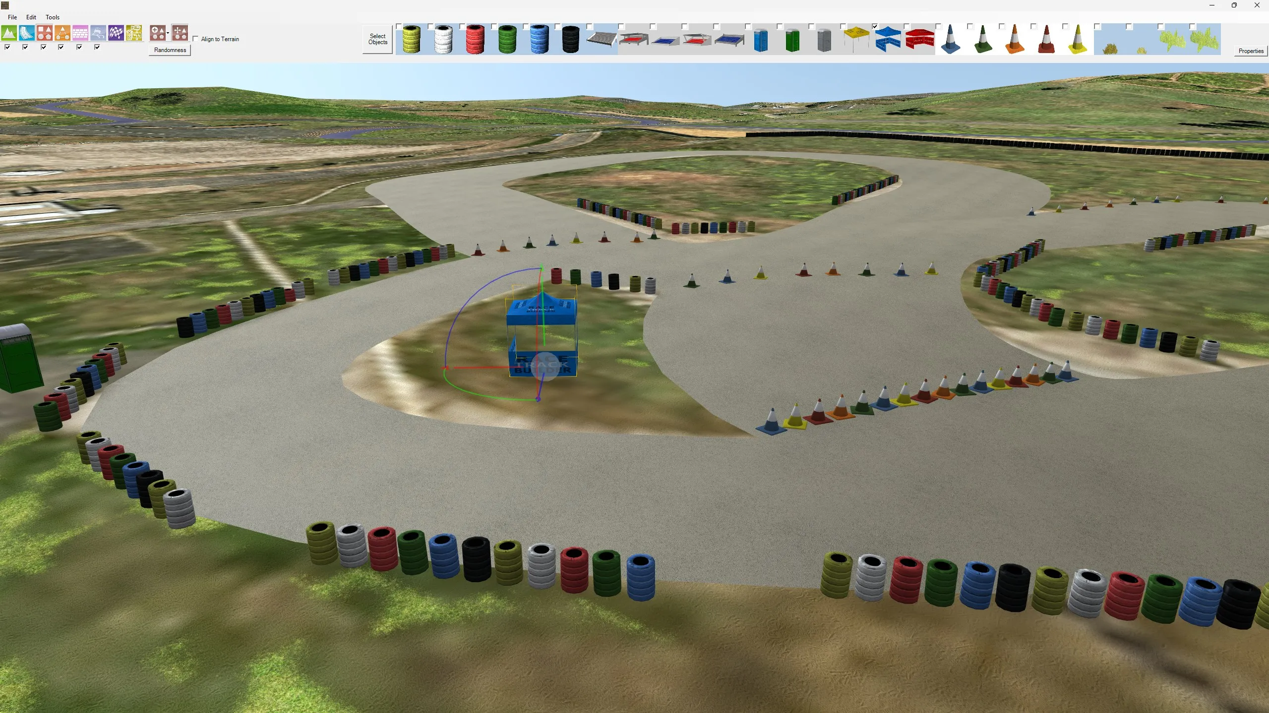 Tyre stacks, cones and a gazebo placed around a track