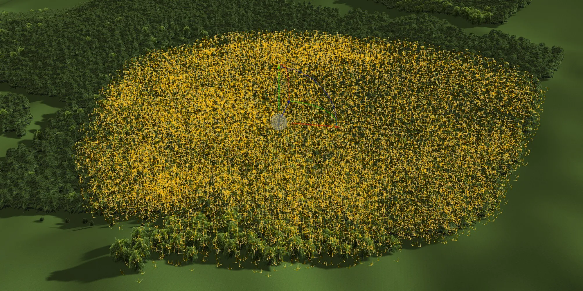 Thousands of selected trees being moved together across the terrain with a gizmo