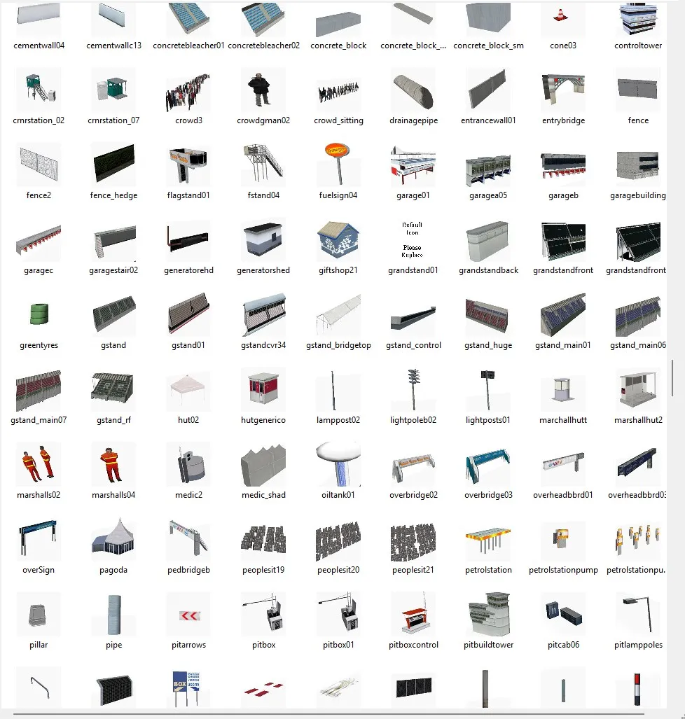 The object browser showing grandstands, garages, marshals, crowds, pit boxes, signs and bridges from expansion packs
