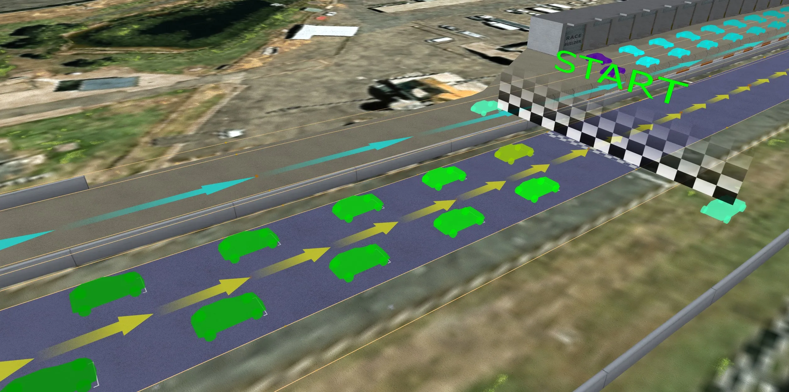 A staggered two-column starting grid behind the start line, with the pit lane path and pit boxes alongside