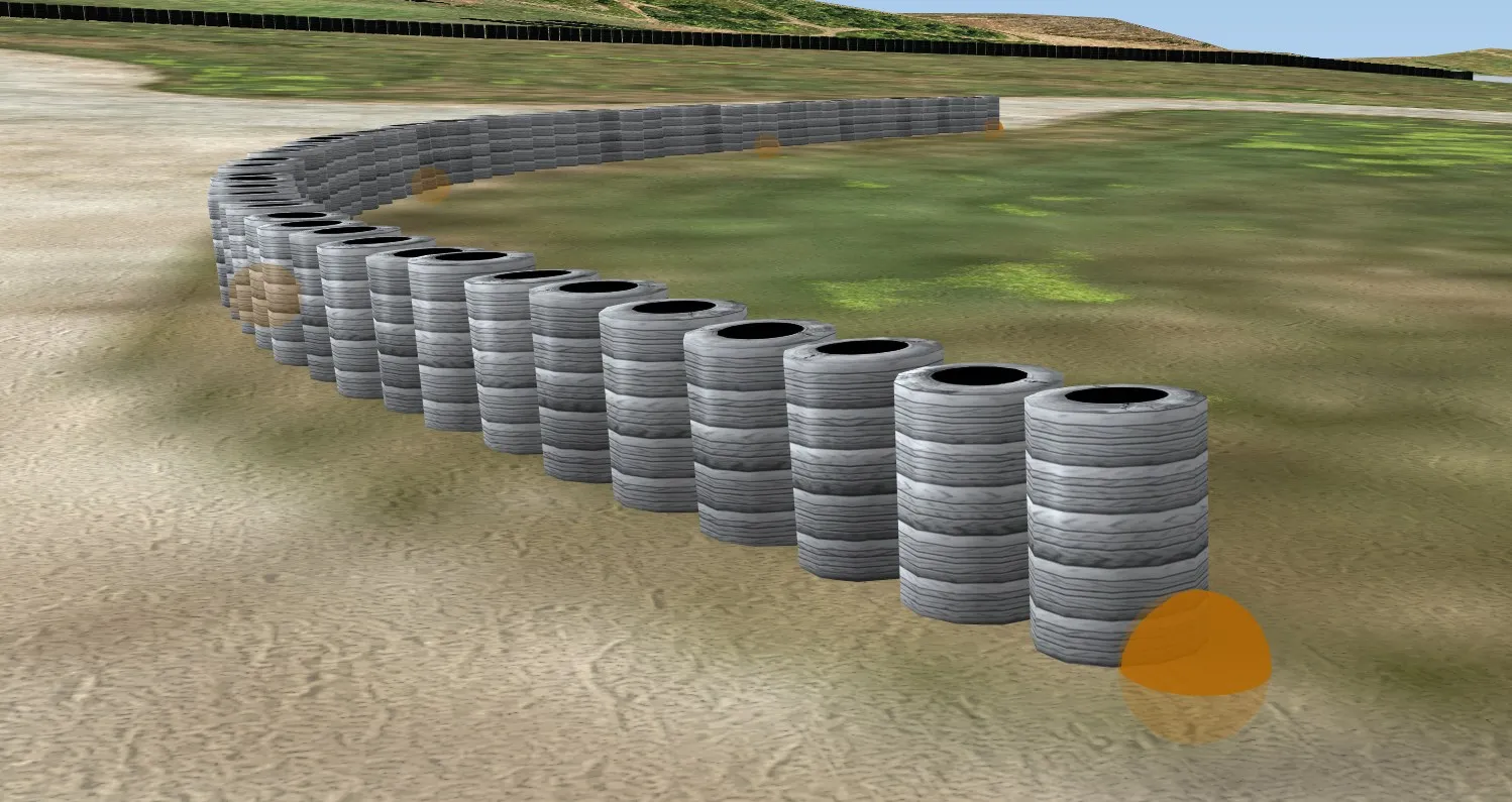 A tyre wall string object curving across the terrain between its nodes