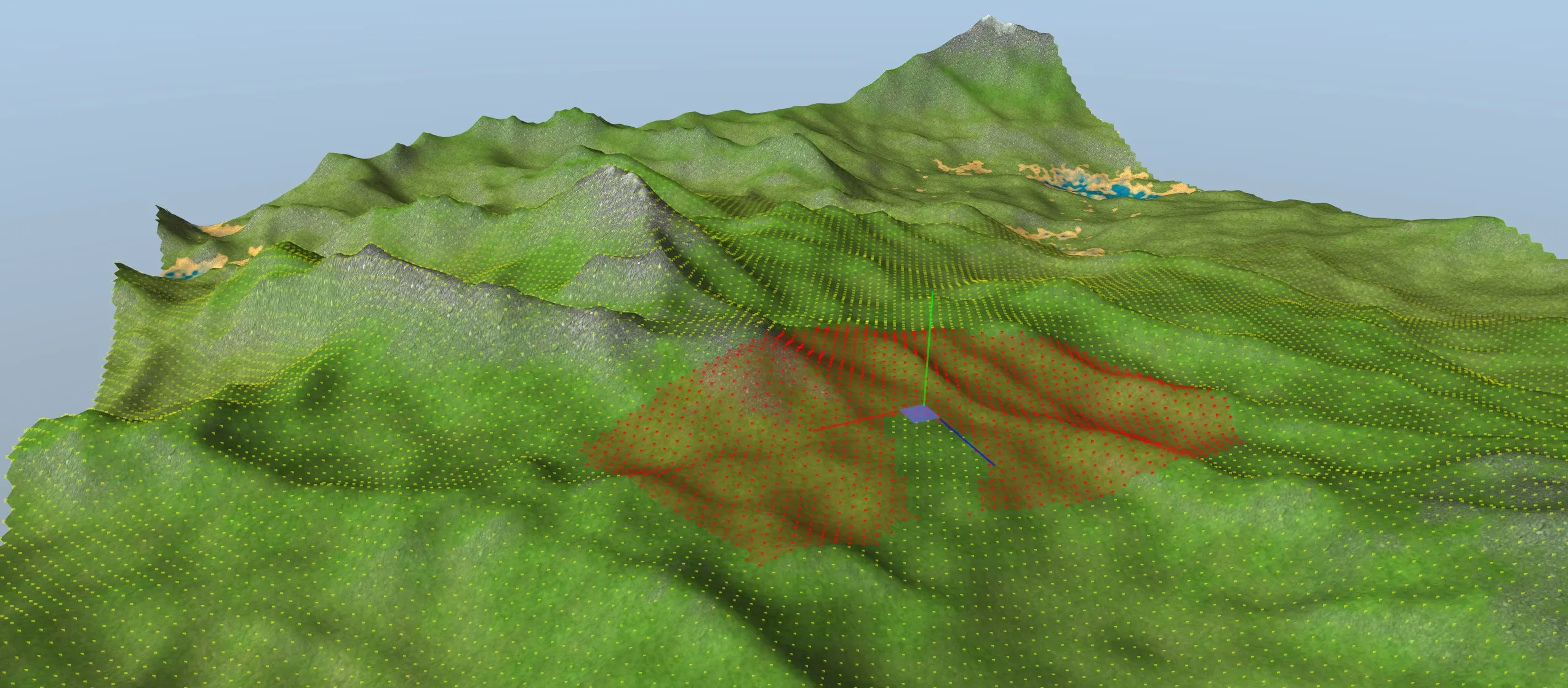 A selected area of terrain points being reshaped with a gizmo