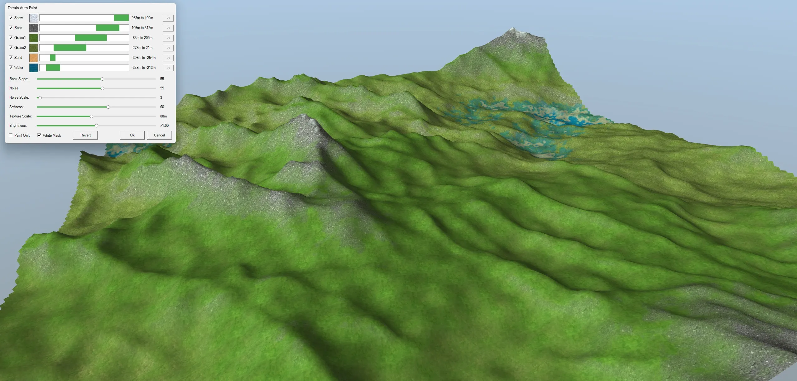 Hand-crafted hills painted with grass, rock, snow and water using the Terrain Auto Paint tool