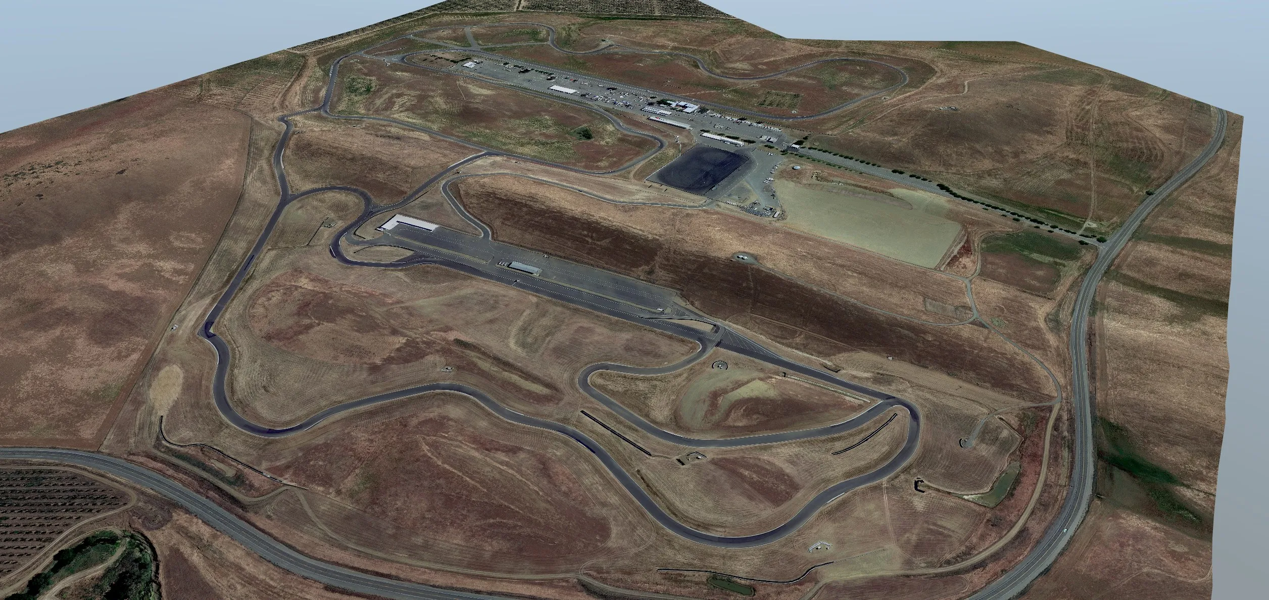 Thunderhill Raceway Park and the surrounding hills, recreated from Google Maps imagery and height data