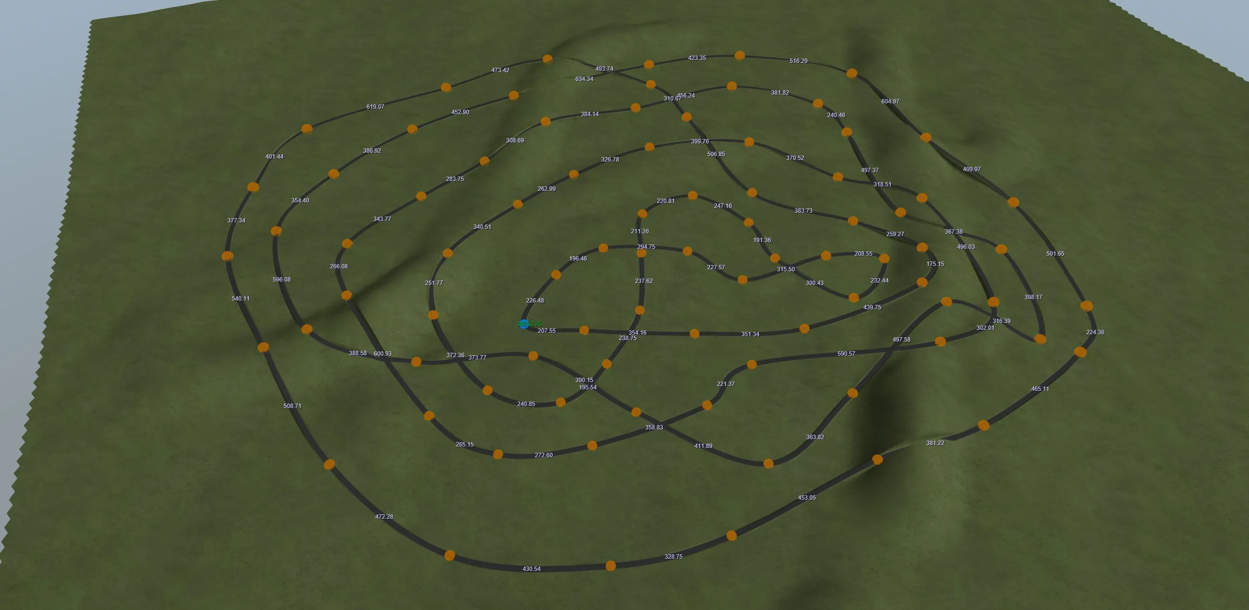 A 30 km track winding back and forth across the terrain, with the length of each segment shown in metres