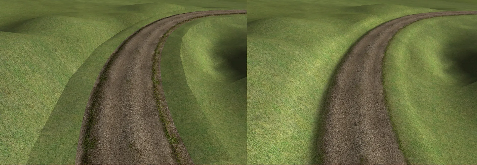 A track edge before and after blending with the terrain