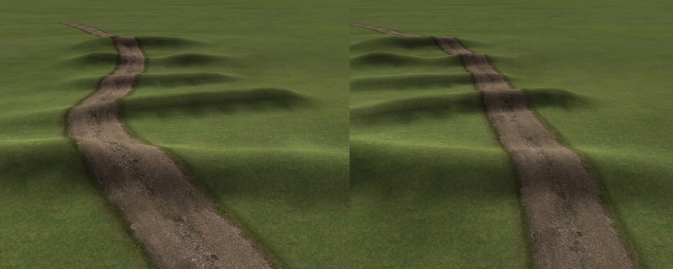 A road flowing over rolling hills before and after being moved