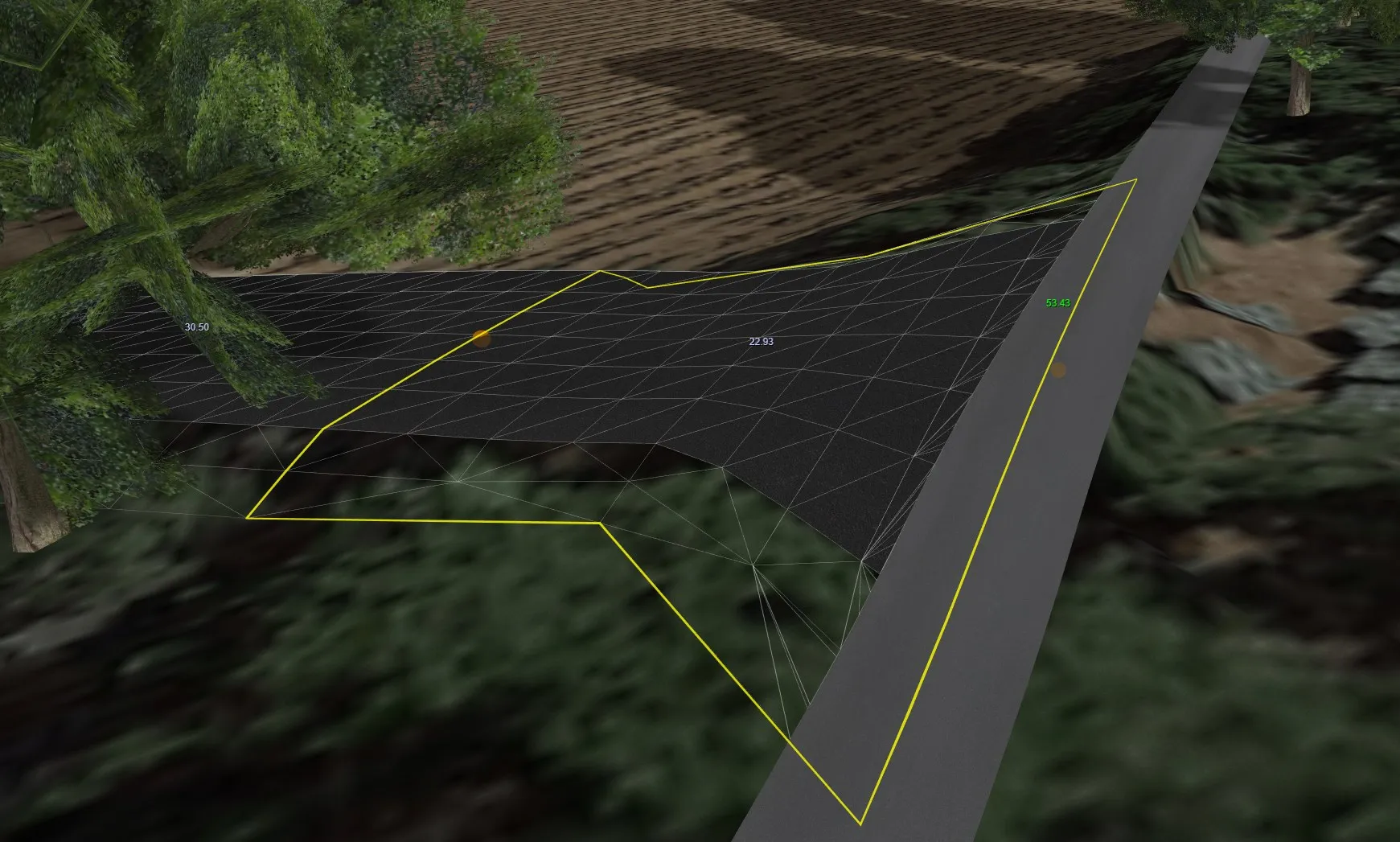 Wireframe of a road crossing another, with the crossed road rising on both sides to meet it