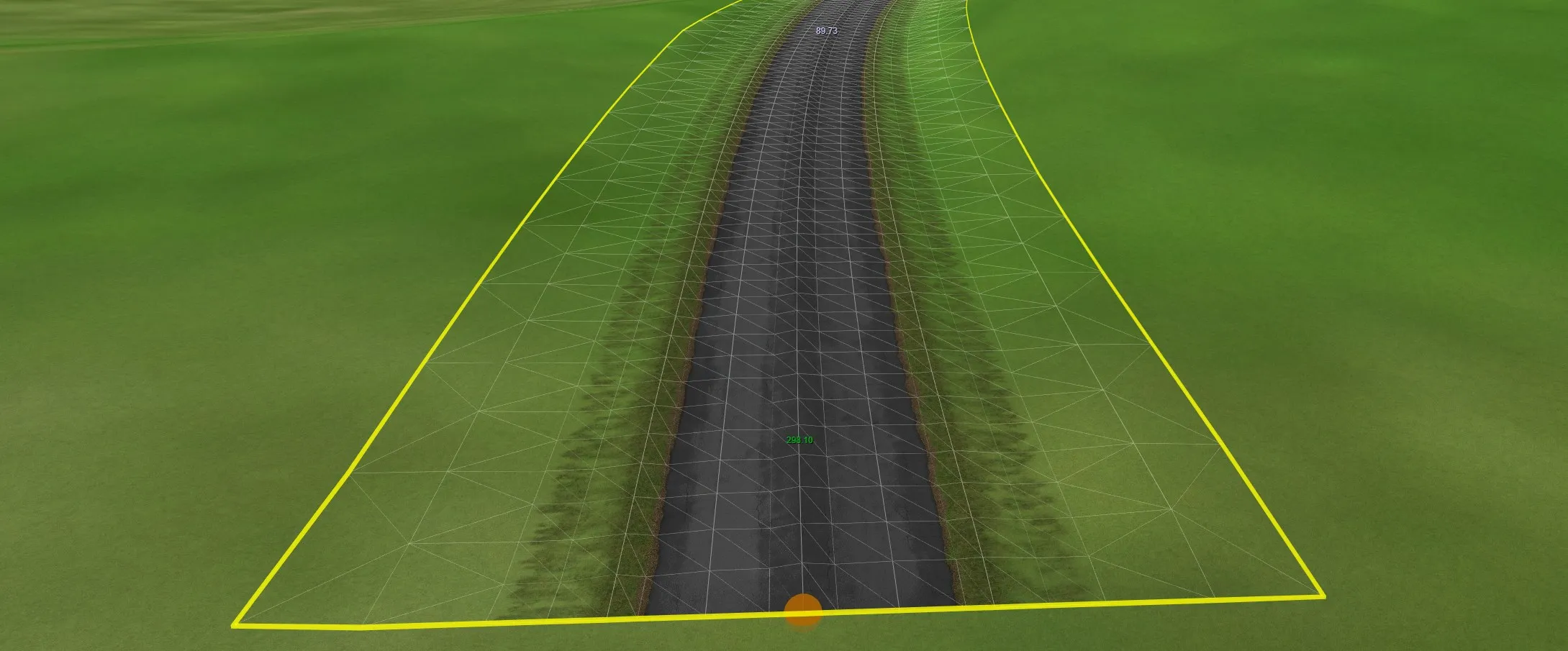Wireframe of an asphalt road with dense polygons on the road and fewer, larger ones towards the outer edges